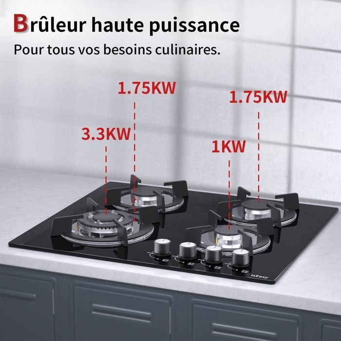 Plaque gaz encastrable - ISEASY - 4 feux 60 cm - Verre trempé - Supports fonte - Compatible NG/GPL