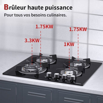 Plaque gaz encastrable - ISEASY - 4 feux 60 cm - Verre trempé - Supports fonte - Compatible NG/GPL