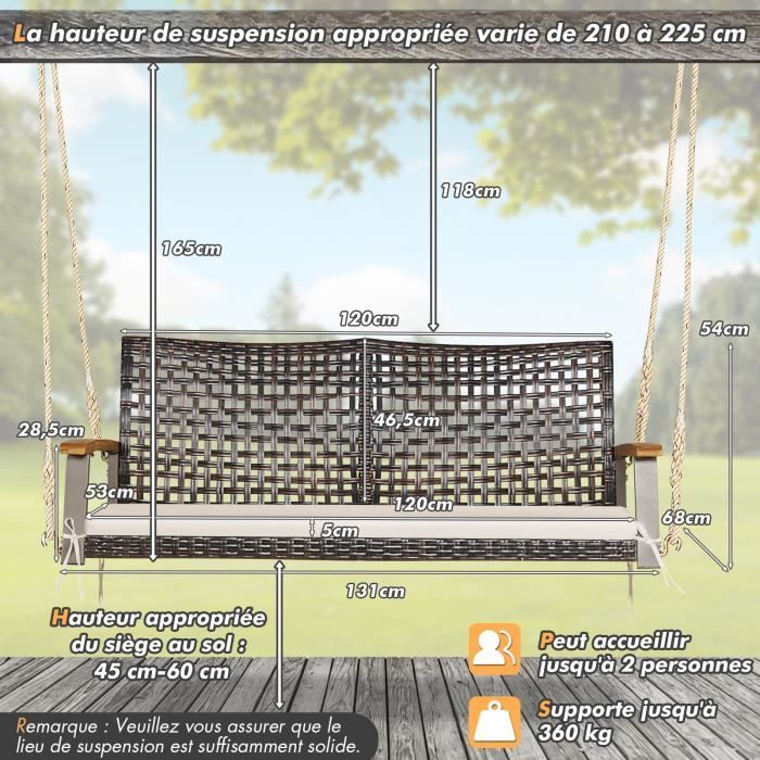 COSTWAY Banc Suspendu 2 Places en Rotin avec Cordes et Accoudoirs en Bois d'Acacia, Charge 360 kg, pour Jardin, Balcon, Marron