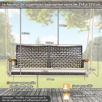 COSTWAY Banc Suspendu 2 Places en Rotin avec Cordes et Accoudoirs en Bois d'Acacia, Charge 360 kg, pour Jardin, Balcon, Marron