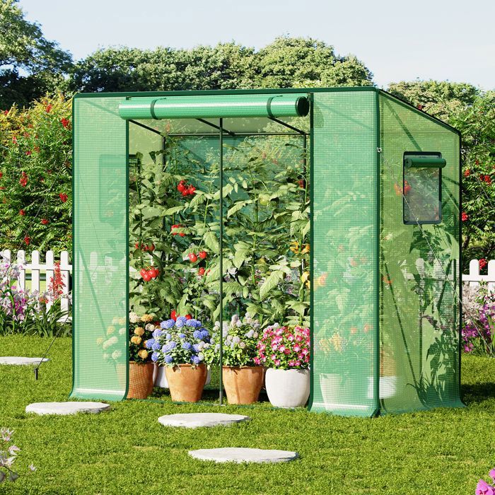 Serre de Jardin, Serre Tomate, Cadre métallique Solide et Film PE Plus Long, Toit en Pente, avec Barres de Renfort, 2 Fenêtres, Vert