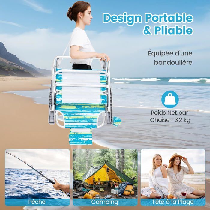 Lot de 2 Chaises de Jardin Extérieur Pliable COSTWAY, Cadre Léger en Aluminium, Dossier Réglable en 4 Positions, Sac Isotherme