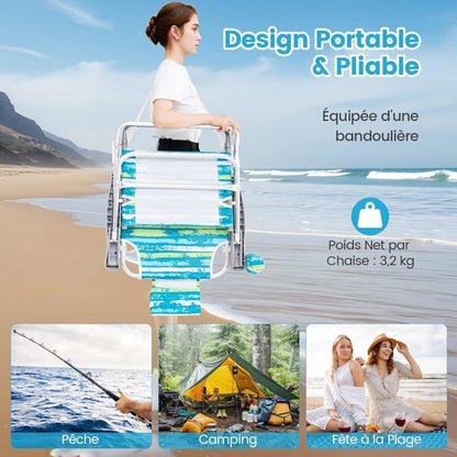 Lot de 2 Chaises de Jardin Extérieur Pliable COSTWAY, Cadre Léger en Aluminium, Dossier Réglable en 4 Positions, Sac Isotherme
