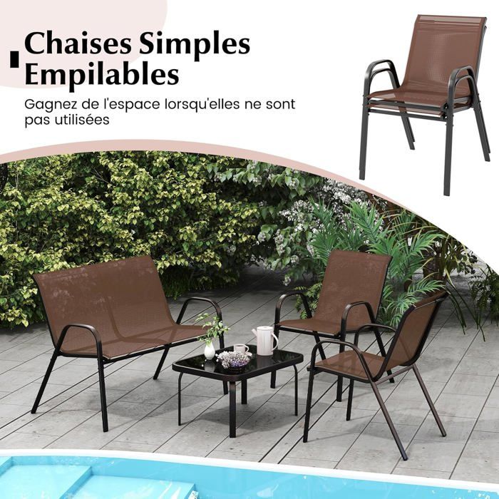COSTWAY 4 PCS Ensemble Table et Chaises de Jardin Extérieur, Chaises et Causeuse avec Siège en Tissu, Plateau en Verre Trempé, Bleu