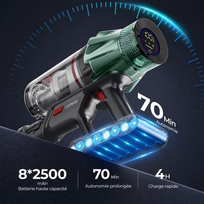 Laresar Aspirateur Balai sans Fil, 65KPa/600W/70 Mins,Tuyau Extensible 1M, Parfumé, Chargement Mural, Poils d'Animaux/Tapis/Voiture