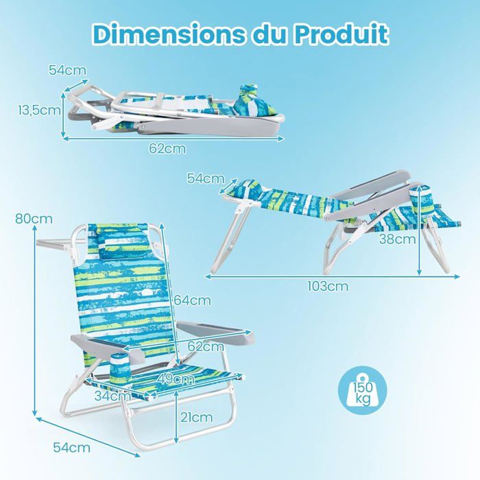 Lot de 2 Chaises de Jardin Extérieur Pliable COSTWAY, Cadre Léger en Aluminium, Dossier Réglable en 4 Positions, Sac Isotherme