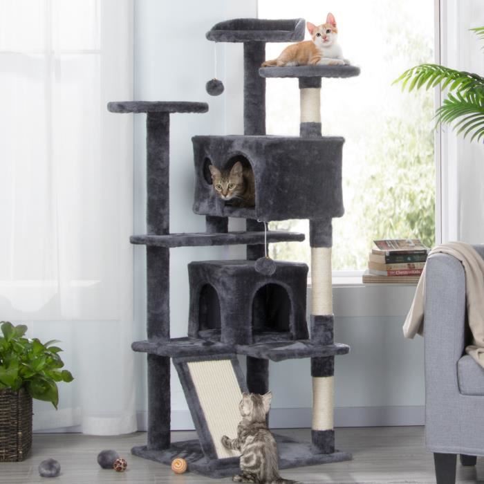 Yaheetech Arbre à Chat Chatons Grattoir Griffoir avec 3 Plateformes/2 Niches/Poteaux en Sisal 49,5 x 49,5 x 137 cm Gris foncé