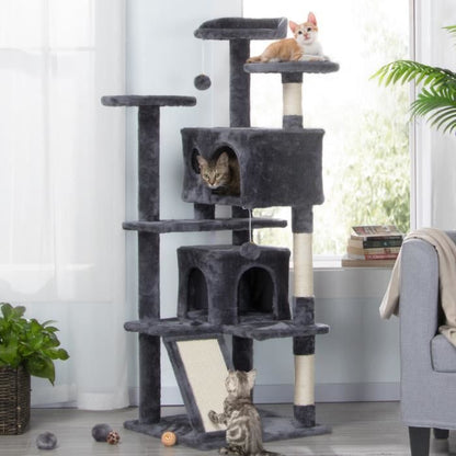 Yaheetech Arbre à Chat Chatons Grattoir Griffoir avec 3 Plateformes/2 Niches/Poteaux en Sisal 49,5 x 49,5 x 137 cm Gris foncé