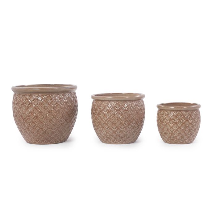 Lot de 3 Pots de Fleur en Céramique - 38,5/30,5/23 cm - Grand Bac à Fleurs avec Trou de Drainage - Vase Design - Beige