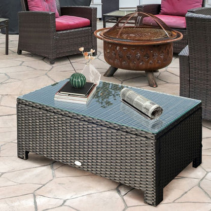 Table basse de jardin - Outsunny - plateau verre trempé 5 mm résine tressée terrasse - résine - 85x50x39cm - marron