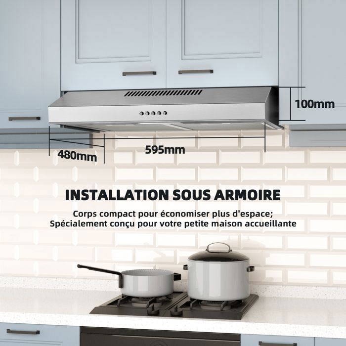 FIREGAS Hotte Aspirante 60cm, Extracteur de Cuisine Sans Évacuation, 3 Vitesses, Avec Filtres à Charbon, Argent