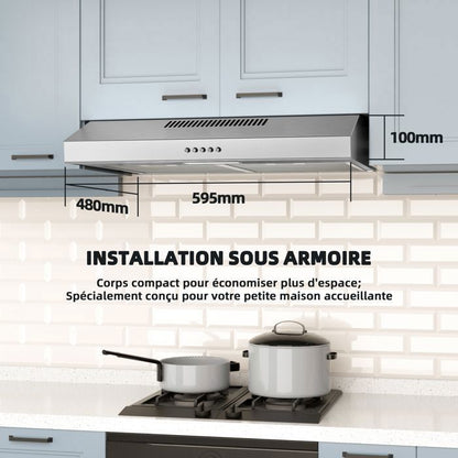 FIREGAS Hotte Aspirante 60cm, Extracteur de Cuisine Sans Évacuation, 3 Vitesses, Avec Filtres à Charbon, Argent