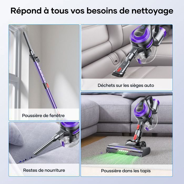 Aspirateur Balai sans Fil- Laresar V10-45Mins- 48000PA- Batterie Amovible-Technologie Yeux verts-Léger-Tapis et Poils d’Animaux