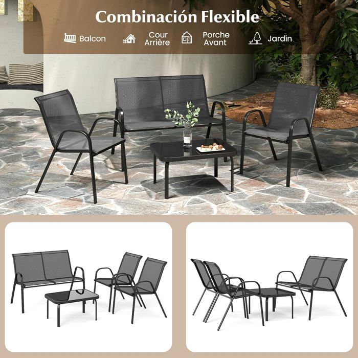 COSTWAY 4 PCS Ensemble Table et Chaises de Jardin Extérieur, Chaises et Causeuse avec Siège en Tissu, Plateau en Verre Trempé, Bleu