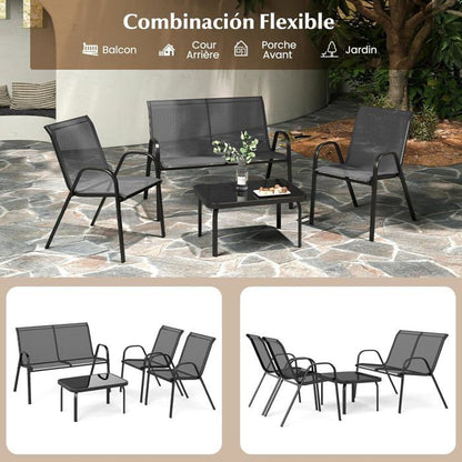 COSTWAY 4 PCS Ensemble Table et Chaises de Jardin Extérieur, Chaises et Causeuse avec Siège en Tissu, Plateau en Verre Trempé, Bleu