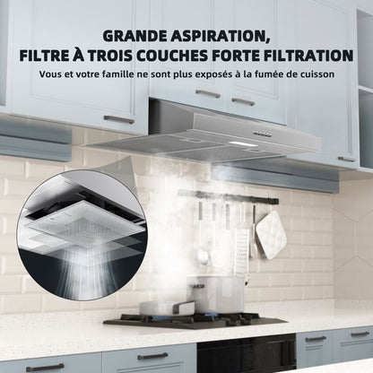 FIREGAS Hotte Aspirante 60cm, Extracteur de Cuisine Sans Évacuation, 3 Vitesses, Avec Filtres à Charbon, Argent