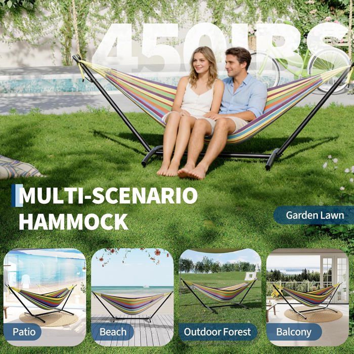 Hamac Double avec Support - 450 lbs, Toile Coton & Coussin Amovible - Pour Jardin, Intérieur/Extérieur, Vert