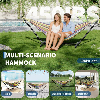 Hamac Double avec Support - 450 lbs, Toile Coton & Coussin Amovible - Pour Jardin, Intérieur/Extérieur, Vert