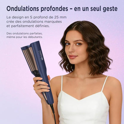 Fer à Onduler Deep Waves 25 mm Mermaid Waves, PARWIN PRO BEAUTY Fer à Boucler Double Cylindre Beach Waves, bleu de Prusse