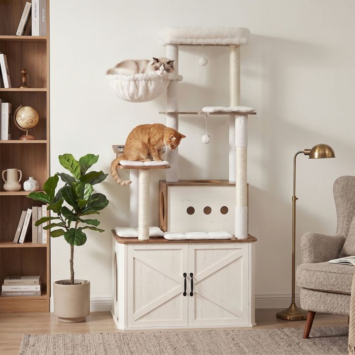Arbre à Chat de 170 cm de Haut, Niche pour Chat, Meuble Cache-Litière, Marron et Blanc