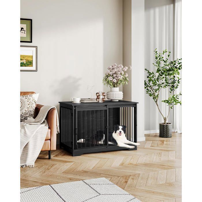 Cage pour Chien, 100 cm Meuble Cage Chien, Cage Chien Interieur avec Porte coulissante, 2 Portes, 100 x 60 x 68 cm, Ivoire Clair