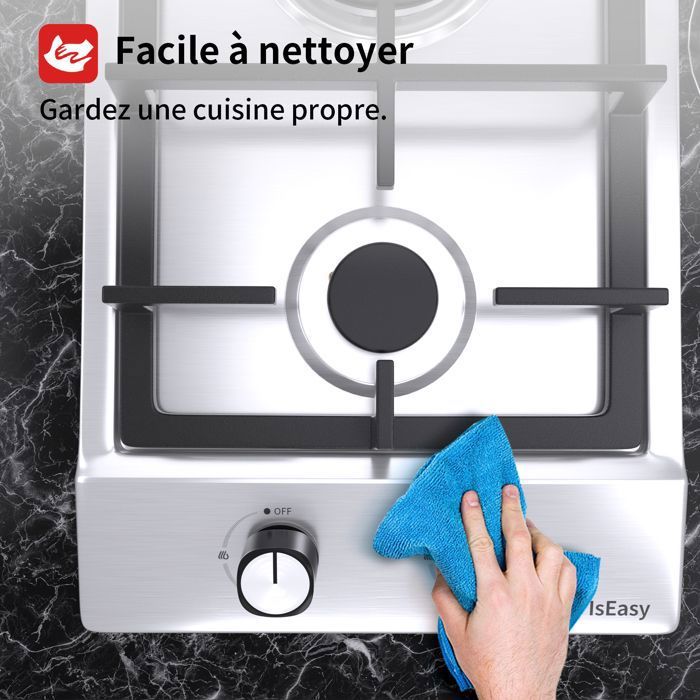 Plaque de Cuisson Gaz - ISEASY - 2 Feux - Inox - Encastrable - Allumage par Impulsion