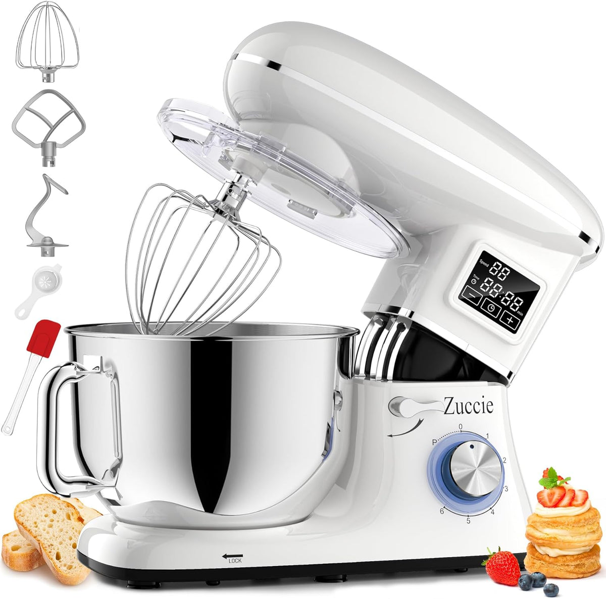 Robot Patissier, Zuccie 5 L Robot Ptissier, 1000W Robot Cuisine avec Fouet, Batteur, Crochet, Bol d'Acier Inoxydable et Pare-éclaboussures, 8+P Vitesses Robot Pétrin Professionnel (Noir)