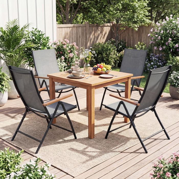 Lot de 4 Chaises Pliantes de Jardin COSTWAY, Dossier Ajustable à 5 Positions, Accoudoirs, Cadre en Métal, Extérieur Intérieur, Noir