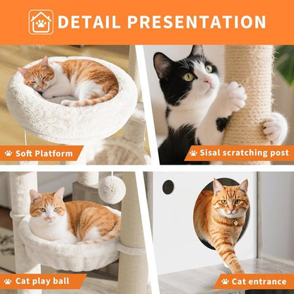 Arbre à Chat 2 en 1+ Enceinte de Litière Cachée - Meuble Chat Multiniveaux, Poteaux à Gratter, Boules Suspendues, Armoire - Marron