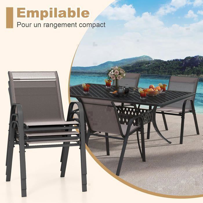 COSTWAY Lot de 2 Chaises de Jardin, Tissu Respirant, Chaises à Manger Empilables avec Accoudoirs, pour Patio Terrasse Porche, Bleu