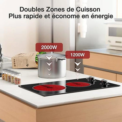 Plaque Vitrocéramique - ISEASY - 2 Feux - 3000W - Sensitives - Verrouillage enfant
