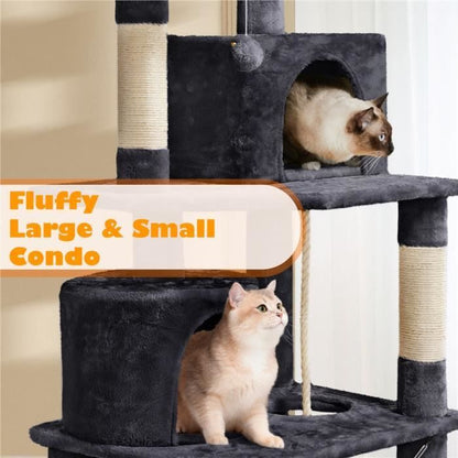 Arbre à Chat - YAHEETECH - 61 x 49,5 x 145 cm - Gris Clair - 2 Niches - 2 Perchoirs - 2 Boules de Peluche
