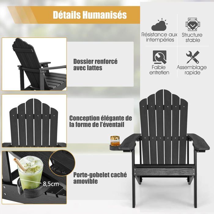 COSTWAY Fauteuil de Jardin Adirondack en HIPS Bois Massif Imperméable avec Porte-Gobelet Charge 170KG pour Piscine Terrasse, Noir