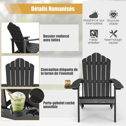 COSTWAY Fauteuil de Jardin Adirondack en HIPS Bois Massif Imperméable avec Porte-Gobelet Charge 170KG pour Piscine Terrasse, Noir
