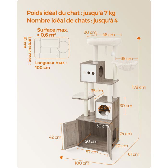 Arbre à Chat de 170 cm de Haut, Niche pour Chat, Meuble Cache-Litière, Marron et Blanc