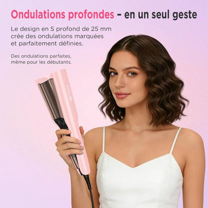 Fer à Onduler Deep Waves 25 mm Mermaid Waves, PARWIN PRO BEAUTY Fer à Boucler Double Cylindre Beach Waves, rose