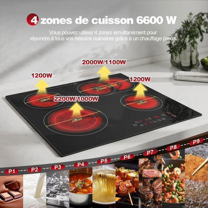 Plaque Vitrocéramique 4 Feux Encastrable,Sndoas 60cm Table de Cuisson,9 Niveaux de Puissance, Minuteur Intégré,6700W