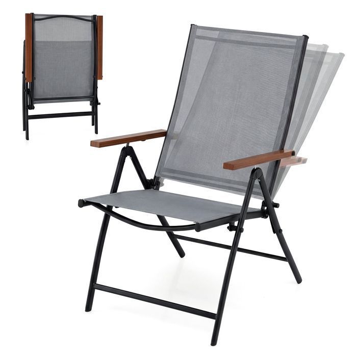 Lot de 2 Chaises Pliantes de Jardin COSTWAY, Dossier Ajustable à 5 Positions, Accoudoirs, Cadre en Métal, Extérieur Intérieur, Gris