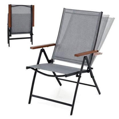 Lot de 2 Chaises Pliantes de Jardin COSTWAY, Dossier Ajustable à 5 Positions, Accoudoirs, Cadre en Métal, Extérieur Intérieur, Gris