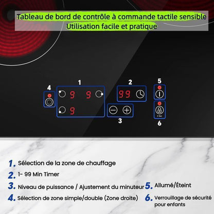 Plaque Vitrocéramique 4 Feux Encastrable,Sndoas 60cm Table de Cuisson,9 Niveaux de Puissance, Minuteur Intégré,6700W