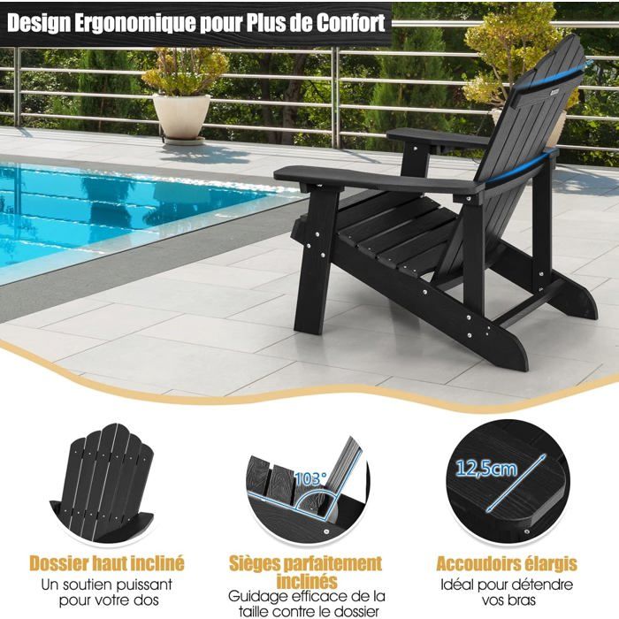 COSTWAY Fauteuil de Jardin Adirondack en HIPS Bois Massif Imperméable avec Porte-Gobelet Charge 170KG pour Piscine Terrasse, Noir