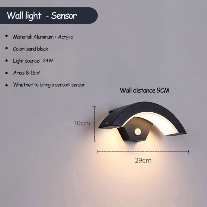 DELIPOP Applique Murale Extérieure LED 24W - Capteur Lumineux, Étanche IP65, 6500k Lumière Blanche pour Jardin（Paquet de 2）- Noir