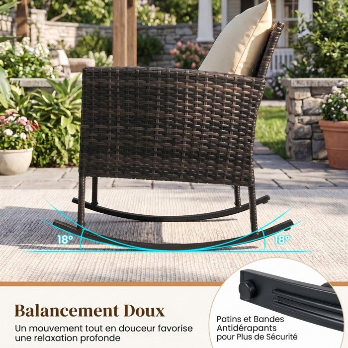 Ensemble Bistro de Jardin 3 Pièces COSTWAY, 2 Fauteuils à Bascule, Table Basse en Verre, Dossier et Coussins Déhoussables, Gris