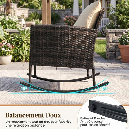 Ensemble Bistro de Jardin 3 Pièces COSTWAY, 2 Fauteuils à Bascule, Table Basse en Verre, Dossier et Coussins Déhoussables, Gris