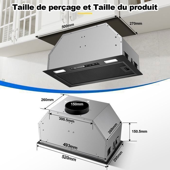 Hotte Aspirante-hotte encastrable-750 m³/h-L 52cm Kichpower -Gestuelle - Tactile - Booster - Recyclage avec Filtre à Charbon - A+++