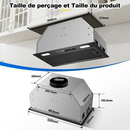 Hotte Aspirante-hotte encastrable-750 m³/h-L 52cm Kichpower -Gestuelle - Tactile - Booster - Recyclage avec Filtre à Charbon - A+++
