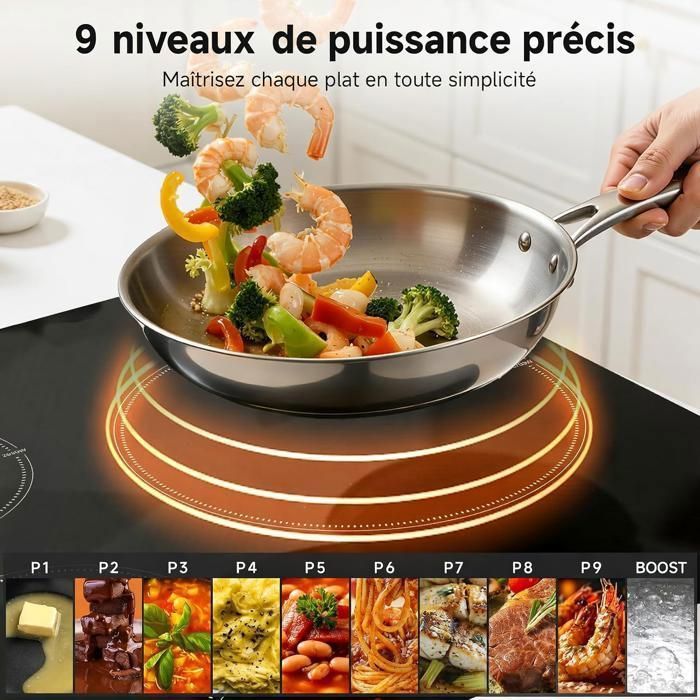 Table de cuisson 3 foyers AMZCHEF 9 niveaux de puissance 7400W avec 3 boosters Encastrable