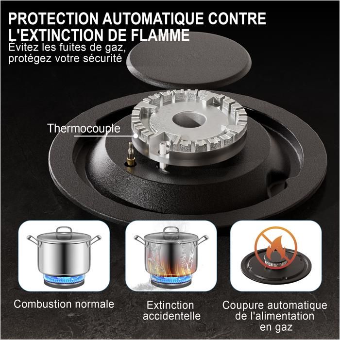 Plaque gaz encastrable - ISEASY - 4 feux 60 cm - Verre trempé - Supports fonte - Compatible NG/GPL