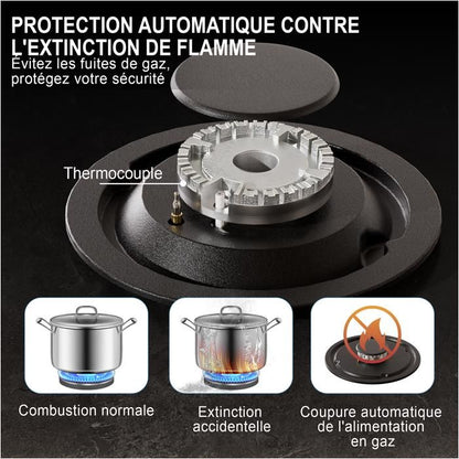 Plaque gaz encastrable - ISEASY - 4 feux 60 cm - Verre trempé - Supports fonte - Compatible NG/GPL