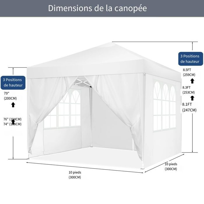 Tonnelle de Jardin 3x3m Tente Pavillon de Jardin Pliante pour Exterieur,imperméable avec 4 Côtés,Blanc